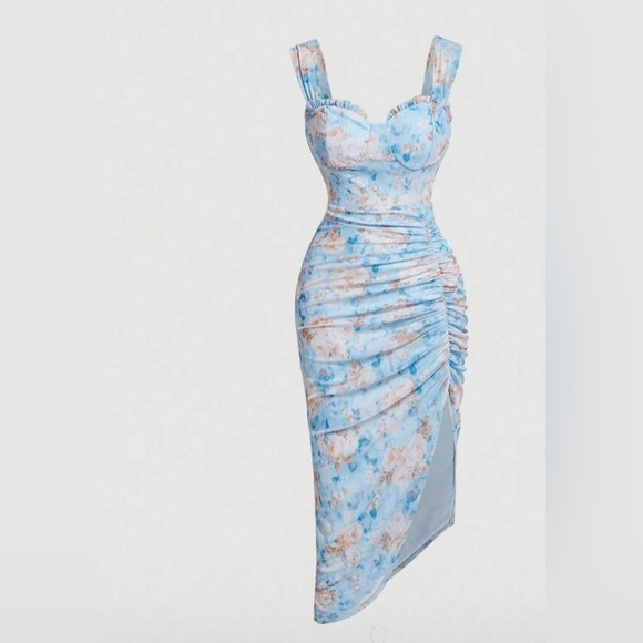 Floral Bodycon Dress Ruched Slit Sweetheart Neckline Blue Party Size S - Picture 1 of 3